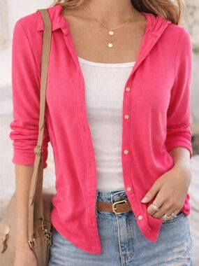 Hollister Bright Pink Button Up Top Lightweight Fitted Blouse Casual Cute Size M